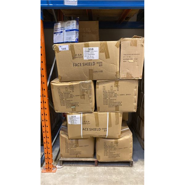 PALLET OF TRANSPARENT FACE SHIELDS APPROX 12 CASES, 500PCS PER CASE