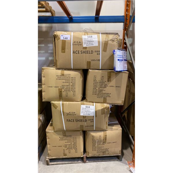 PALLET OF TRANSPARENT FACE SHIELDS APPROX 12 CASES, 500PCS PER CASE