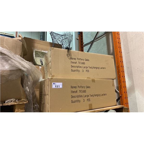PALLET OF PLASTIC RECTANGULAR CONTAINERS, LARGE TWIG HANGING LANTERNS & SCOURING SPONGES