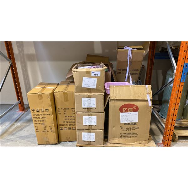 PALLET OF LINT ROLLERS, 3 LUGGAGE SETS, PLASTIC COLANDERS, APRONS, PINS & MORE