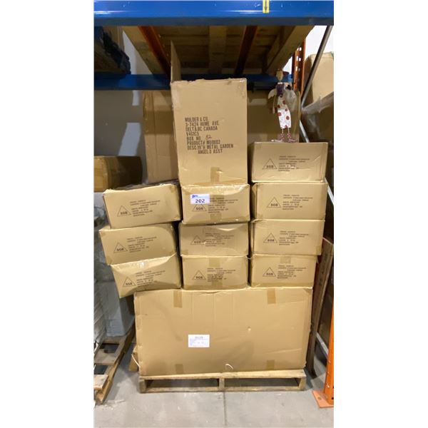 PALLET OF 3" RUBBER CASTERS, PLASTIC PAINT TRAYS & METAL GARDEN ORNAMENTS