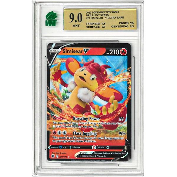 SE - PokŽmon TCG Simisear V Brilliant Stars 027/172 Ultra Rare Graded 9