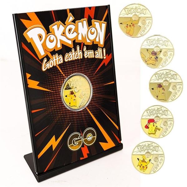 POKEMON 24kt Gold Overlay Medallion + All Metal Display Stand - Coins are Random Picks on Shipping. 