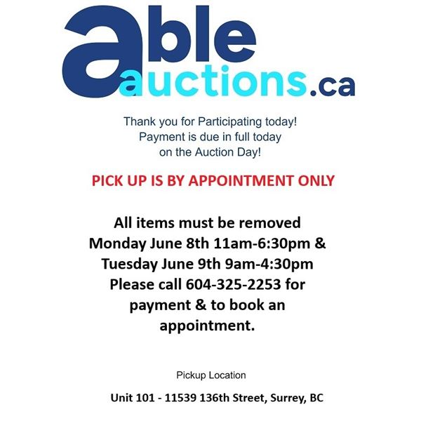 All items must be removed Mon Jun 8 11am-6pm, & Tue Jun 9 9AM - 4:30 pm by appointment