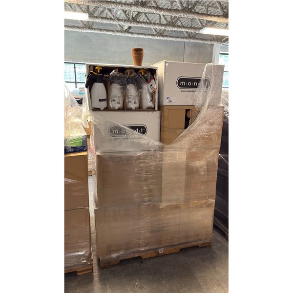 PALLET OF MIXED ITEMS INCL ~6PK MONDI DELUXE SERIES 2.0L MIST N' SPRAY PUMP-ACTION PRESSURE SPRAYER,