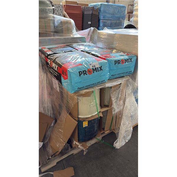 PALLET OF DECORATIVE PLANTERS AND PROMIX PREMIUM ORGANIC VEGETABLE & HERB MIX 18.1KG X 4 BAGS