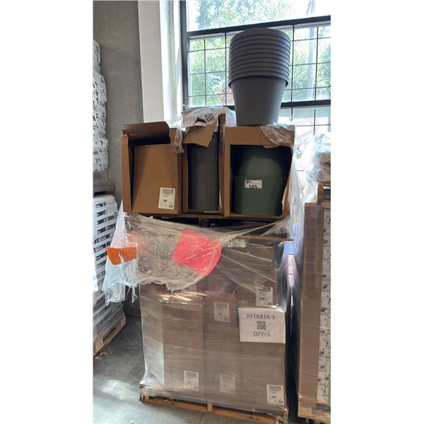 PALLET OF ASSORTED PLANTERS, SAUCERS AND MORE