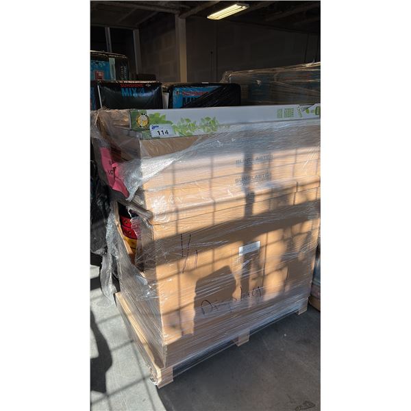 PALLET OF MIXED ITEMS INCL SUNSHINE CERAMICA DECORATIVE PLANTERS,  SUNBLASTER 48" T5HO COMBO