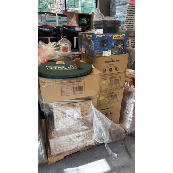 PALLET OF MIXED ITEMS INCL HYDROFARM PF1060 JETFAN MIXED-FLOW DIGITAL INLINE FAN 6-INCH, PHAT 8" VEN