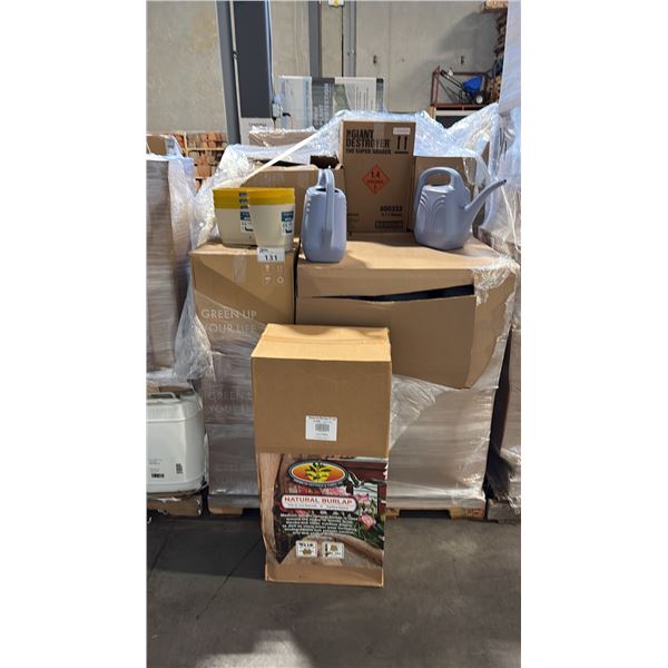 PALLET OF MIXED ITEMS INCL WATERING  CANS, PLANTERS, BURLAPS, RODENT SMOKE BOMBS, IRRIGATION SYSTEM
