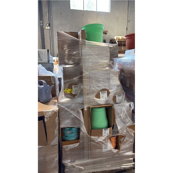 PALLET OF MIXED ITEMS INCL TRENDY TOWER DISPLAY RACKS  AND ASSORTED COLOR/MATERIAL PLANTERS