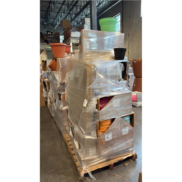 PALLET OF MIXED ITEMS INCL TRENDY TOWER DISPLAY RACKS, ASSORTED COLOR/MATERIAL PLANTERS AND MORE