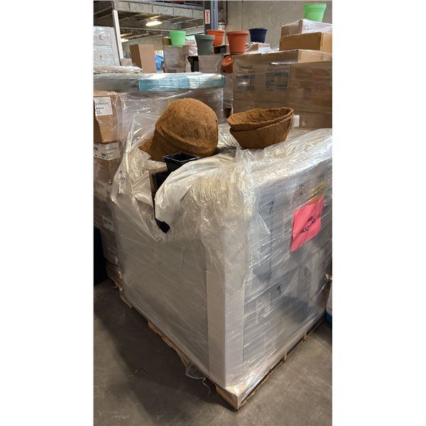 PALLET OF MIXED ITEMS INCL GREENHOUSE PLASTIC ORGANIZER RECTANGLE TRAYS AND HANGING BASKET COCONUT