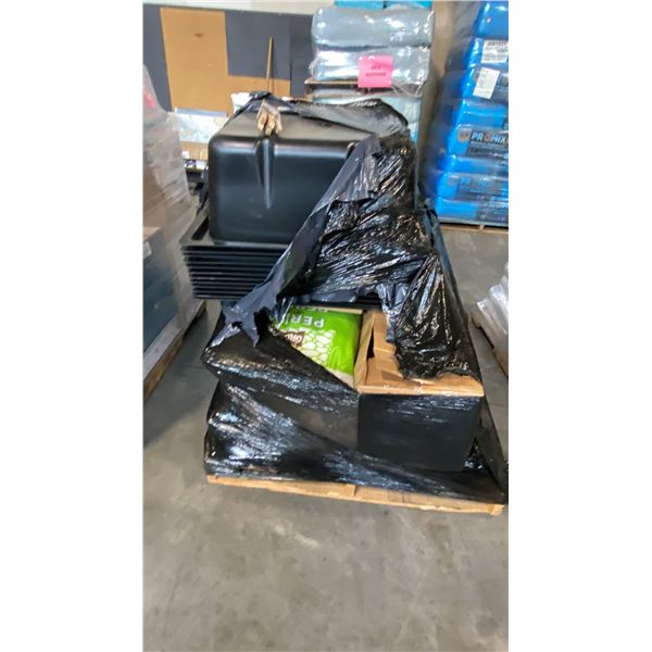 MIXED ITEMS INCL SQUARE PLASTIC BASIN ~12PCS, GROW!T PERLITE SUPER COARSE #2 SOIL AMENDMENT 3BAGS,