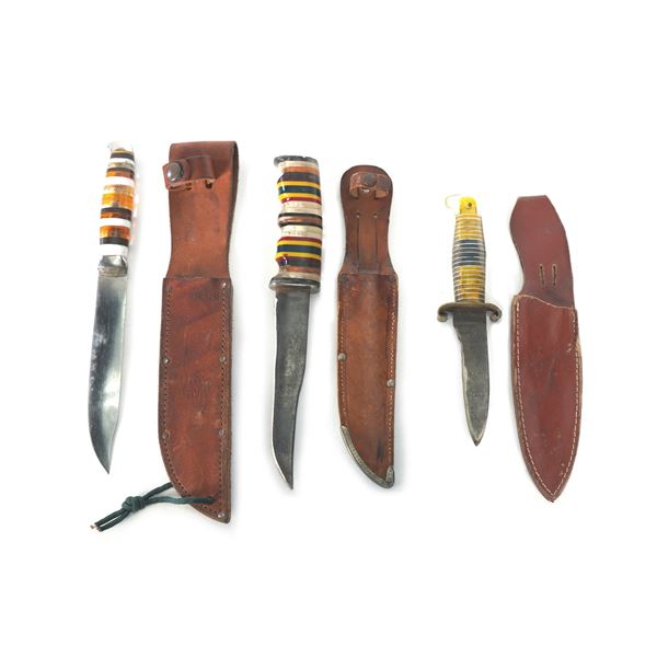 (3) WWII Theater Knives Plexiglass Handles w/Sheaths USN KABAR