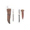 Image 1 : (2) WWII Theater Knives Engraved Handles Leather Sheaths