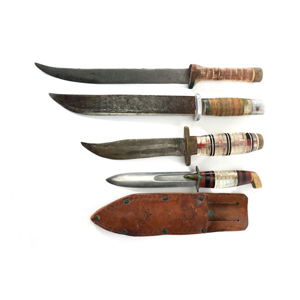 (4) WWII Theater Knives Acrylic Wood Handles 1 Sheath