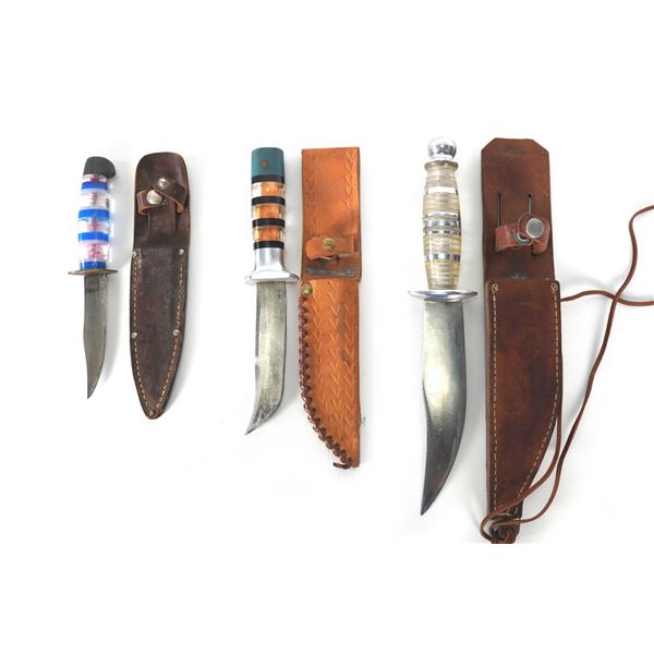 (3) WWII Plexiglass Handled Theater Knives w/Leather Sheaths