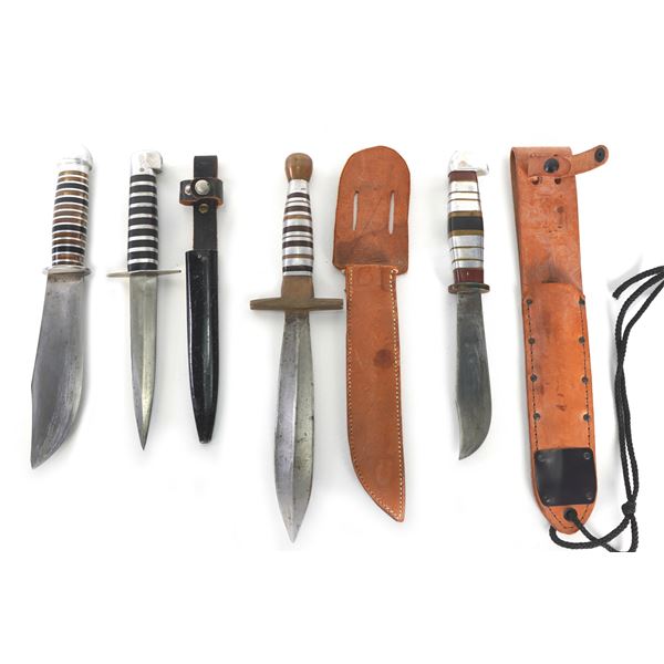 (4) WWII Theater Knives Acrylic/Stainless/Aluminum Handles Including Sheaths