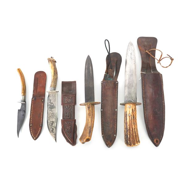 (4) WWII Theater Knives with Antler Handles and Sheaths