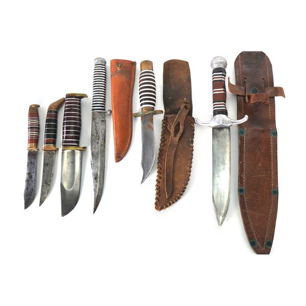 (6) WWII Theater Knives Brass & Aluminum Handles with Leather Sheaths