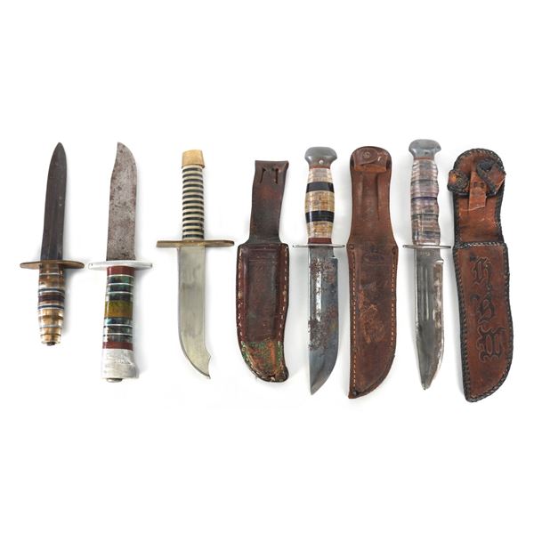 (5) WWII Theater Knives Brass and Aluminum Handles Including Sheaths