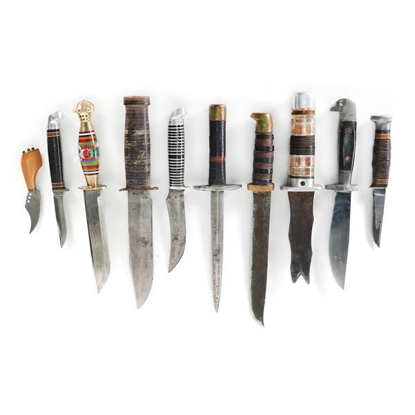 (10) WWII Theater Knives Wood/Brass/Aluminum/Plexiglass Including Sheaths