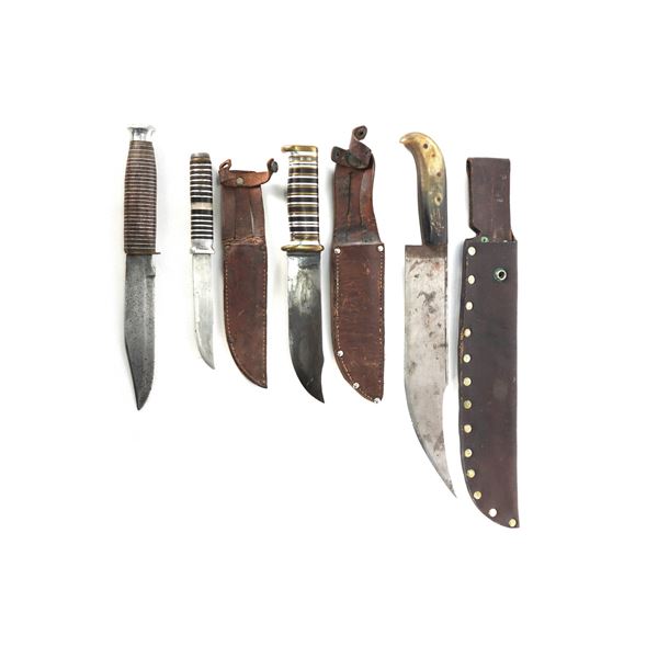(4) WWII Theater Knives Bone/Wood/Brass/Aluminum Handles Including Sheaths