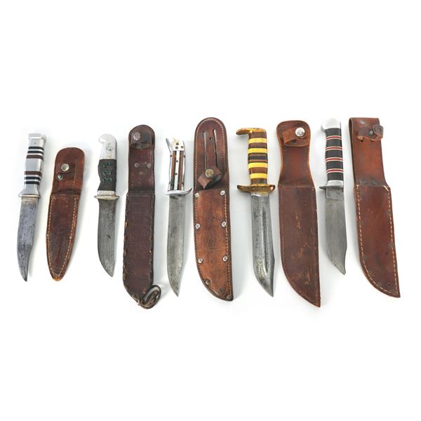 (5) WWII Theater Knives Mixed Handles Including Sheaths