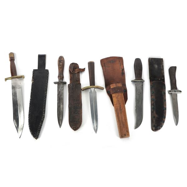 (5) WWII Theater Knives Mixed Material Handles Including Sheaths