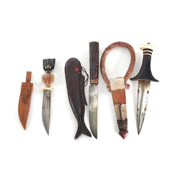 (6) Unusual Group of Knives Wood/Brass/Shell Handles with Sheaths