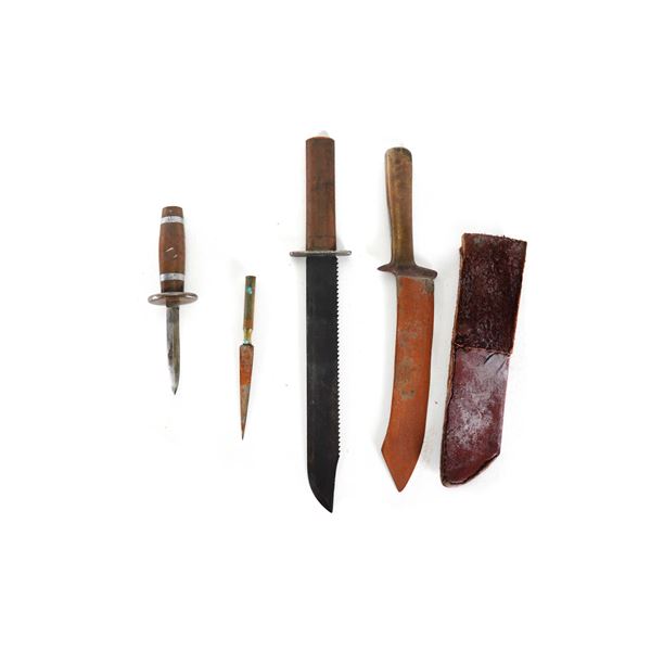 (4) WWII Theater Knives Brass/Bullet/Copper Handles Including Sheaths