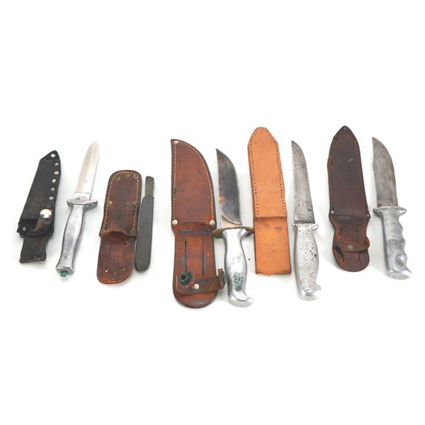 (5) WWII Theater Knives Aluminum/Brass/Rubber Handles Including Sheaths