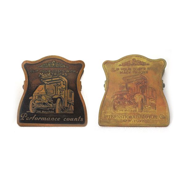 (2) 1930s Premium Brass Advertising Paper Clips Mack & Intl Motor