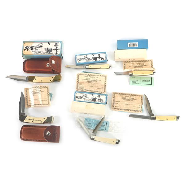 (6) Schrade Scrimshaw Pocket Knives Assorted Sizes