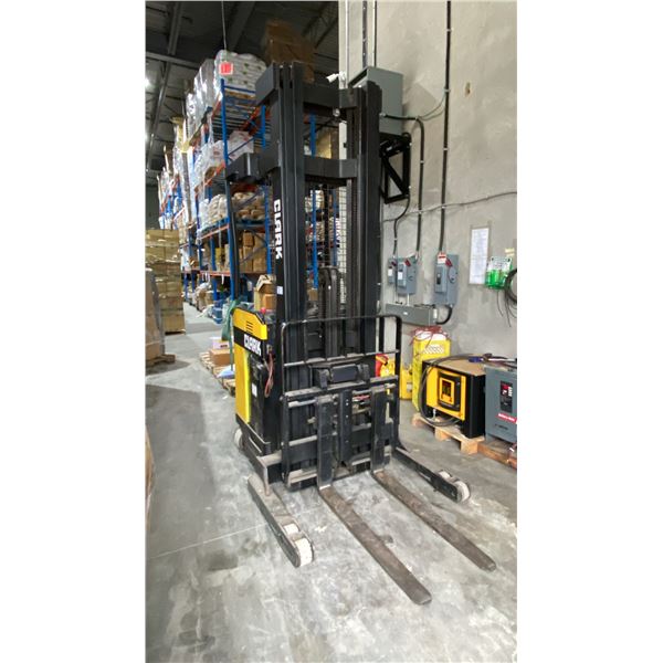 CLARK NPR17 STAND UP ELECTRIC STOCK PICKER / FORKLIFT WITH CHARGER.  3200 LB. CAPACITY,