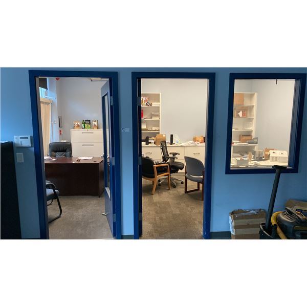 CONTENTS OF OFFICES AND LUNCH ROOM INC. DESKS, CHAIRS, FILE CABINETS, FRIDGE, MICROWAVE AND MORE.
