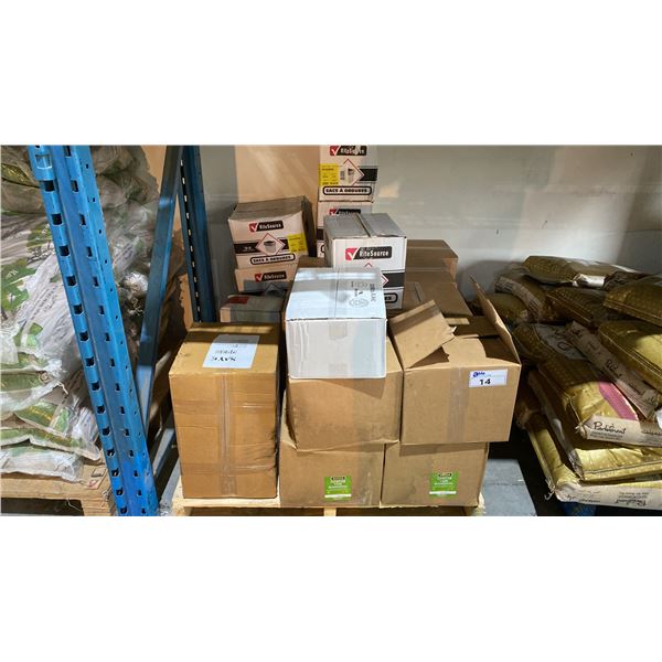 PALLET LOT OF VINEGAR, GARBAGE BAGS AND MORE