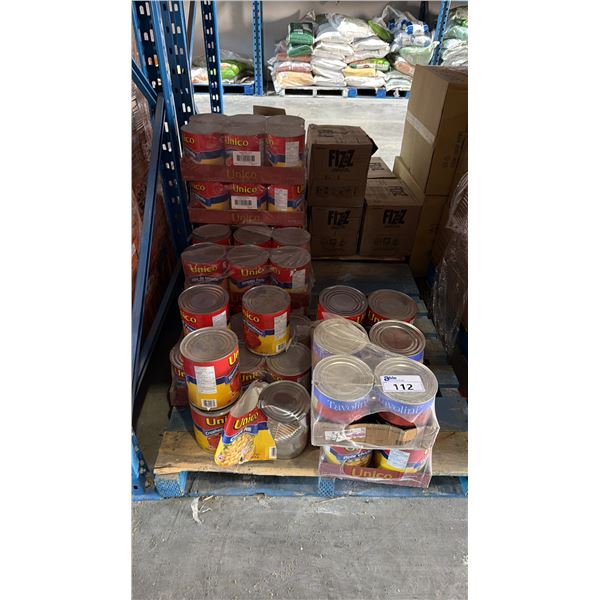PALLET LOT OF CANNED UNICO CRUSHED TOMATOS AND UNICO CHICKPEAS