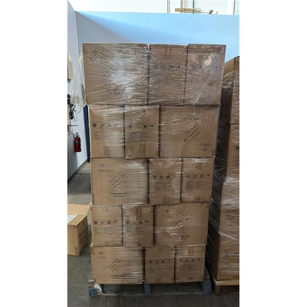 PALLET LOT OF THEO CUTTLERY SETS INC. KNIFE, FORK, SPOON, NAPKIN