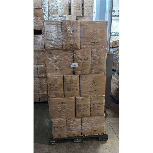 PALLET LOT OF THEO CUTTLERY SETS INC. KNIFE, FORK, SPOON, NAPKIN