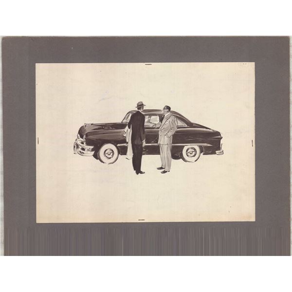 Wayne Hall Pen & Ink & Color Wash Drawing 1950s Ford
