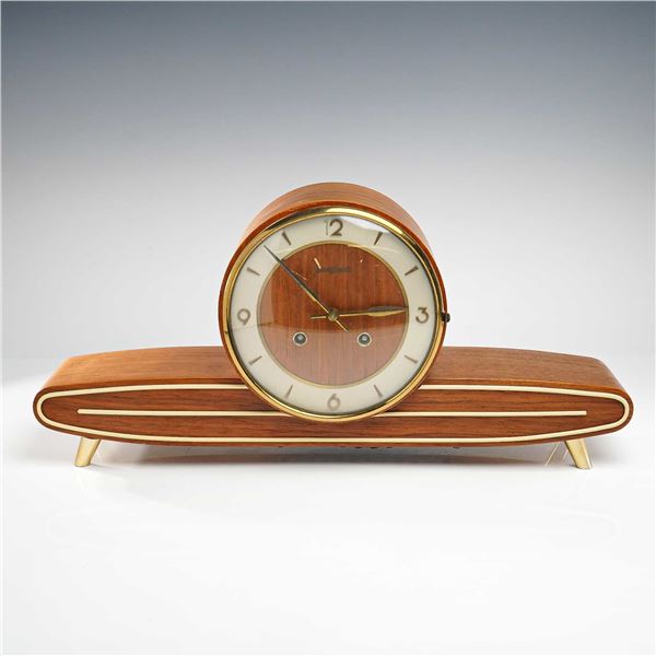 Junghans Mid-Century Modern Wood and Brass Mantel Table Clock, Germany, circa 1960