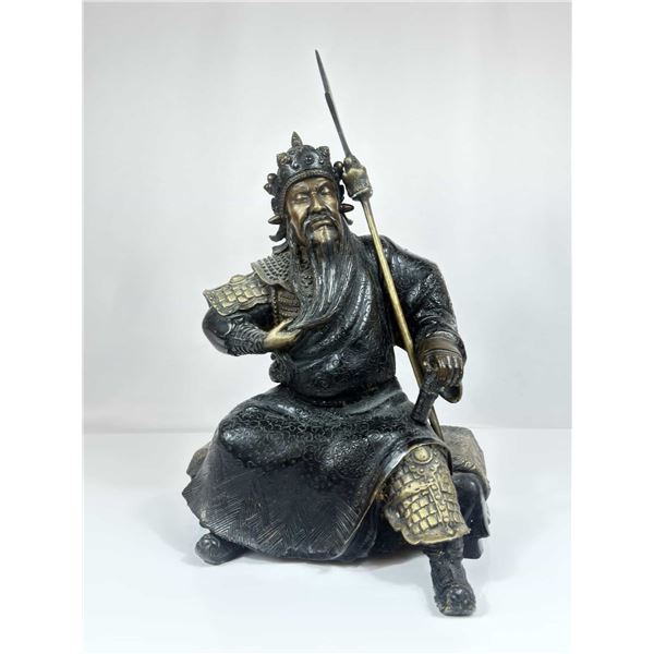 Chinese Cast Bronze Figure of Genghis Khan Seated in Armor