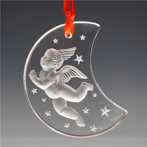 Lalique Crystal 1998 Christmas Ornament Cherub on Crescent Moon
