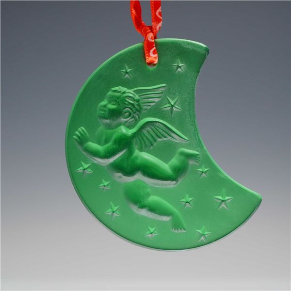 Lalique France 1999 Emerald Green Crystal Crescent Moon Angel Christmas Ornament
