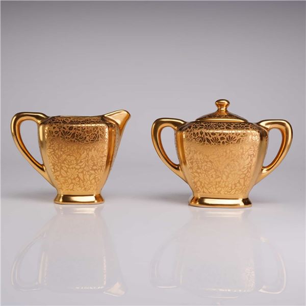 Set of Wheeling Gold China Gilded Covered Sugar Bowl and Creamer Jug