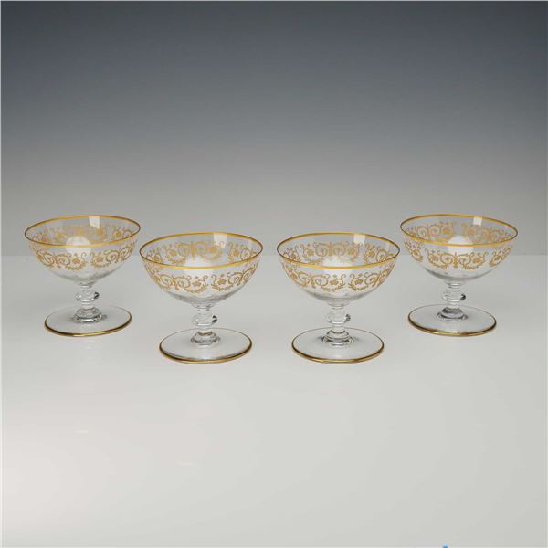 4pc Baccarat Gilt Etched Crystal Champagne Coupes, Flora