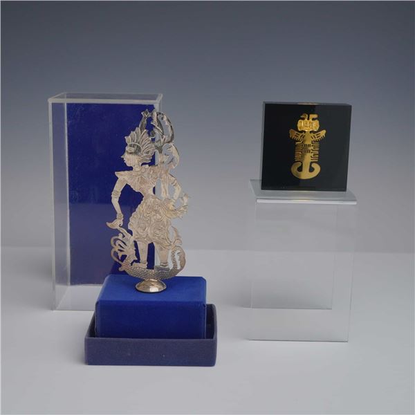 Two Indonesian and Mexican Encased Objects, Silver Puppet Figurine and One Mayan Pendant