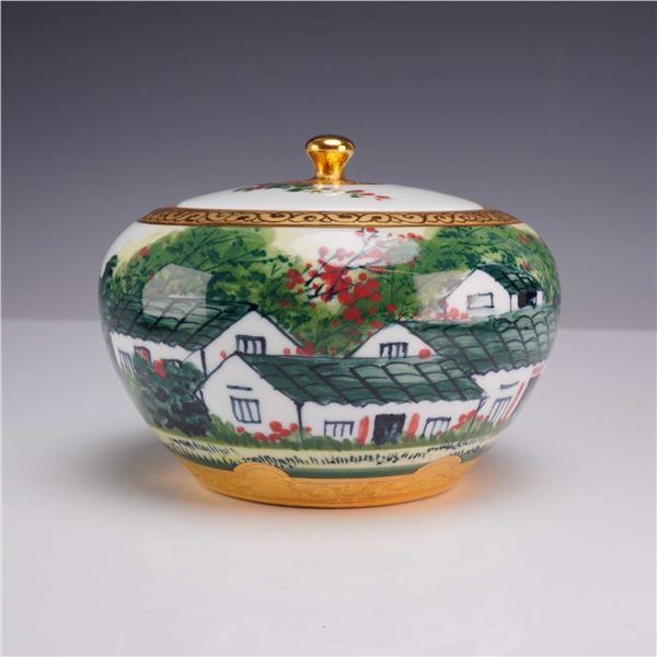 Chinese Porcelain Polychrome Enamel Covered Dish with Village Landscape